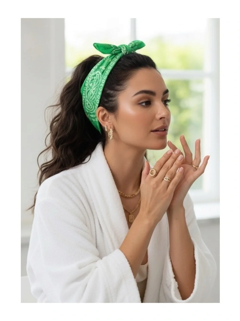 new Tata Harper 🜸 Signature Logo Print Beauty Bandana 🜸 Green Yellow White 🜸